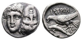 Moesia. Istros, circa 313-280 BC. AR Drachm (18.9 mm, 6.16 g.). Two facing male heads side by side, one upright and the other inverted. Rev. ΙΣΤΡΙΗ, s...