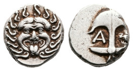 Thrace. Apollonia Pontica, 5th century BC. AR Drachm (13.5 mm, 3.33 g.). Facing Gorgoneion with tongue protruding, serpents around. Rev. Upright ancho...