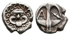 Thrace. Apollonia Pontica, 5th century BC. AR Drachm (13.9 mm, 3.34 g.). Facing Gorgoneion with tongue protruding, serpents around. Rev. Upright ancho...