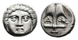 Thrace. Apollonia Pontica, circa 404-342/1 BC. AR Diobol (10 mm, 1.22 g.). No magistrate name. Facing gorgoneion. Rev. Upright anchor; A to left, cray...