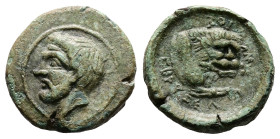 Thrace, kings. Odrysian. Hebryzelmis, 389-383 BC. AE (18.5 mm, 5.18 g). Bare head of bearded Hebryzelmis to left. Rev. ΕΒΡΥΖΕΛ-Μ-ΙΟΣ, Forepart of a li...
