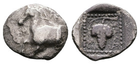 Thrace. Maroneia, circa 398/7-386/5 BC. AR Tetrobol (16.7 mm, 2.47 g). Π-Λ, forepart of a horse to left. Rev. M A P-Ω-N around in the right field, gra...