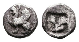 Thrace. Abdera, circa 500-475 BC. AR Obol (8.4 mm, 0.57 g.). Griffin seated left, raising forepaw. Rev. Quadripartite incuse square. May, Abdera, Peri...