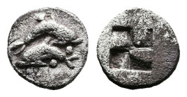 Thrace. Thasos, circa 500-480 BC. AR Obol (8.7 mm, 0.54 g.). Two dolphins swimming in opposite directions, pellets around. Rev. Quadripartite incuse s...
