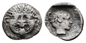 Macedon. Neapolis, circa 424-350 BC. AR Hemidrachm (13.6 mm, 1.58 g.). Facing gorgoneion with protruding tongue. Rev. Ν-Ε / [Ο-Π], head of the nymph o...