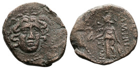 Macedon. Amphipolis, circa 1st century BC. AE (24.3 mm, 11.23 g). Facing winged gorgoneion. Rev. ΑΜΦΙΠΟ - ΛEΙΤΩΝ, Athena standing left, holding Nike, ...