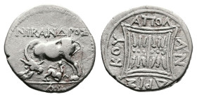 Illyria, Apollonia, 80/70-48 BC. AR Drachm (17.9 mm, 3.37 g.). Andriskos and Nikandros, magistrates. NIKANΔPOΣ, cow standing to left, looking back and...