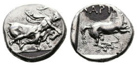 Thessaly. Larissa, circa 420-400 BC. AR Drachm (18.6 mm, 6.08 g.). Hero Thessalos, with petasos and cloak over his shoulders, wrestling down bull righ...