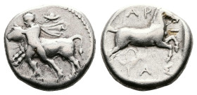 Thessaly. Larissa, circa 420-400 BC. AR Drachm (18 mm, 6.00 g.). Hero Thessalos striding to left, naked but for chlamys over his shoulders, his petaso...