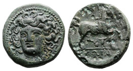 Thessaly. Larissa, circa 380-365 BC. AE (20.6 mm, 8.46 g.). Head of the nymph Larissa facing slightly left. Rev: [ΛΑ]ΡΙ-Σ-ΑΙΩΝ, Horse prancing right; ...