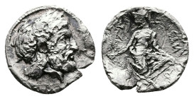 Thessaly. Kierion, circa 400-350 BC. AR Diobol (13.6 mm, 1.28 g.). Laureate head of Zeus to right. Rev. [KIEPI]EIΩN, Arne kneeling right, head left, p...