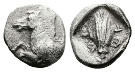 Thessaly. Thessalian League, ca. 470-450 BC. AR Hemidrachm (14.6 mm, 2.63 g). Forepart of a horse to left. Rev. ΦΕ - ΤΑ (retrograde), barley grain wit...