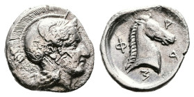 Thessaly. Pharsalos, early 4th century BC. AR Hemidrachm (15.5 mm, 2.74 g). Head of Athena to right, wearing crested Attic helmet with raised cheek fl...