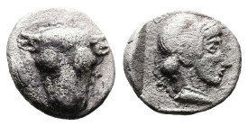 Phokis. Phokian League, circa 425-400 BC. Federal coinage. AR Triobol (12.9 mm, 2.74 g.). Frontal bull’s head. Rev. Head of Artemis to left in incuse ...