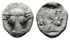 Phokis. Phokian League, circa 500-480 BC. Federal coinage. AR Triobol (12.4 mm, 2.66 g). Frontal bull’s head. Rev. Head of Artemis to right, her hair ...