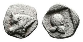 Phokis. Phokian League, circa 420-400 BC. Federal Coinage. AR Hemiobol (7.8 mm, 0.43 g.). Bull’s head and neck to left. Rev. Corinthian helmet to righ...
