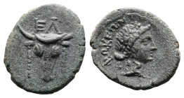 Phokis. Elateia, 3rd century BC. AE (17.5 mm, 4.11 g.). EΛ, bull’s head facing (bukranion). Rev. ФOKEΩN, laureate head of Apollo to right. BCD Phokis-...