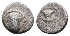 Boeotia. Federal Coinage, circa 395-340 BC. AR Hemidrachm (13.4 mm, 2.42 g). Boeotian shield. Rev. BO-I, kantharos, club to right above. SNG Copenhage...