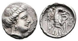Euboea. Chalkis, circa 338-308 BC. AR Drachm (16.2 mm, 3.35 g). Head of the nymph Chalkis to right, with an earring. Rev. X-AΛ, eagle flying upwards w...