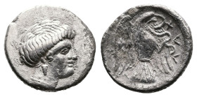 Euboea. Chalkis, circa 338-308 BC. AR Drachm (17.4 mm, 3.27 g.). Head of the nymph Chalkis, her hair rolled, with an earring, to right. Rev. X-A-Λ (re...