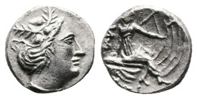 Euboea. Histiaia, ca. 181-141 BC. AR Tetrobol (13.8 mm, 1.69 g.). Head of the nymph Histiaia with wreath of weeds to right. Rev. I[ΣTI – AIE]ΩN, nymph...