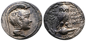Attika. Athens, 133-132 BC. ‘New Style’ Coinage. AR Tetradrachm (30.7 mm, 16.79 g.). Polycharmos, Nikog-, and Philode(mos), magistrates. Helmeted head...