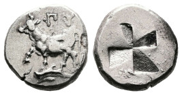 Thrace. Byzantium, circa 416-357 BC. AR Siglos or Drachm (16.8 mm, 5.37 g). Bull standing left on dolphin, raising his right foreleg, above •ПY. Rev. ...