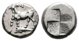 Thrace. Byzantium, circa 416-357 BC. AR Siglos or Drachm (15.5 mm, 5.38 g). Bull standing left on dolphin left, raising his right foreleg, above ПY. R...