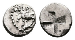Thrace. Byzantium, circa 387-340 BC. AR Diobol (9.9 mm, 1.25 g.). Bull standing left on dolphin left, raising his right foreleg, above •ПY. Rev. Incus...