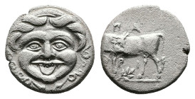 Mysia. Parion, 4th century BC. AR Hemidrachm (13.6 mm, 2.26 g). Facing gorgoneion. Rev. ПA – PI, cow standing left, head right; branch below. BMC 28; ...