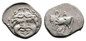 Mysia. Parion, 4th century BC. AR Hemidrachm (15 mm, 2.37 g). Facing gorgoneion monogram above hair. Rev. ПA – PI, cow standing left, head right; bran...