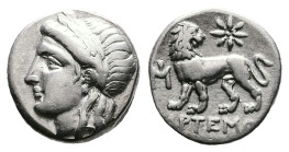 Ionia. Miletos, circa 340-325 BC. AR Drachm (14.6 mm, 3.59 g.). Artemon, magistrate. Head of Apollo to left, wearing laurel wreath. Rev. Lion standing...