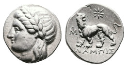 Ionia, Miletos, circa 340-325 BC. AR Drachm (15 mm, 3.55 g.). Lampis, magistrate. Head of Apollo to left, wearing laurel wreath. Rev. Lion standing le...