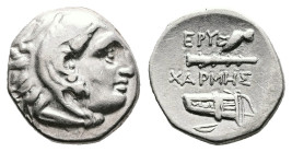 Ionia. Erythrai, circa 360-342 BC. AR Drachm (14.7 mm, 3.66 g). Rhodian standard. Charmes, magistrate. Head of Herakles to right, wearing lion skin he...