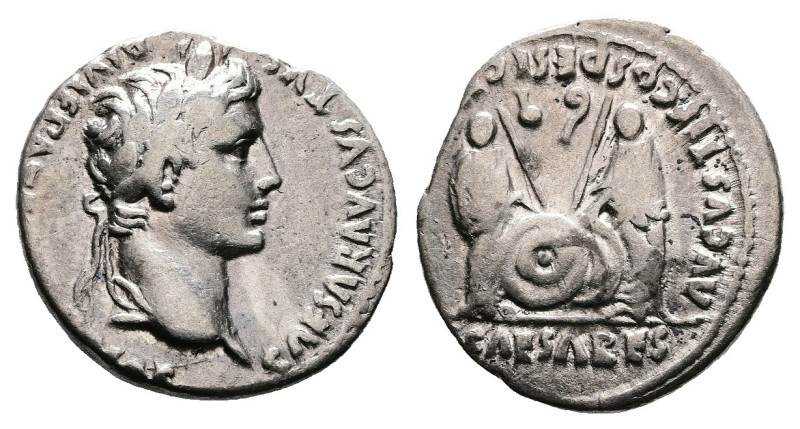 Augustus, 27 BC – AD 14. AR Denarius (18 mm, 3.85 g.). Lugdunum mint, struck 2 B...
