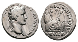 Augustus, 27 BC – AD 14. AR Denarius (18 mm, 3.85 g.). Lugdunum mint, struck 2 BC – AD 4. CAESAR AVGVSTVS DIVI F PAT[ER PATRIAE], laureate head of Aug...