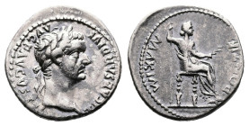 Tiberius, AD 14 – 37. AR Denarius (18.8 mm, 3.85 g.). Lugdunum mint. TI CAESAR DIVI AVG F AVGVSTVS, laureate head of Tiberius to right. Rev. PONTIF MA...