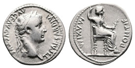 Tiberius, AD 14 – 37. AR Denarius (18.7 mm, 3.76 g.). Lugdunum mint. TI CAESAR DIVI AVG F AVGVSTVS, laureate head of Tiberius to right. Rev. PONTIF MA...