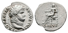 Nero, AD 54 - 68. AR Denarius (18.2 mm, 2.99 g.). Rome mint, AD 65-66. NERO CAESAR AVGVSTVS, laureate head of Nero to right. Rev. SALVS, Salus seated ...