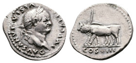 Vespasian, AD 69 – 79. AR Denarius (18.9 mm, 3.16 g.). Rome mint, AD 77-78. IMP CAESAR VESPASIANVS AVG, laureate head of Vespasian to right. Rev. COS ...