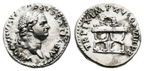 Titus, AD 79 – 81. AR Denarius (17.8 mm, 2.94 g.). Rome mint, AD 1 January – 30 June 80. IMP TITVS CAES VESPASIAN AVG PM, laureate head of Titus to le...