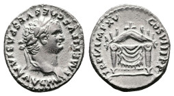 Titus, AD 79 – 81. AR Denarius (16.6 mm, 2.95 g.). Rome mint, 1 January – 30 June 80 AD. IMP TITVS CAESAR VESPASIAN AVG P M, laureate head of Titus to...