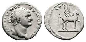 Domitian as Caesar, AD 69 – 81. AR Denarius (18.2 mm, 3.08 g.). Rome, AD 76-77. CAESAR AVG F DOMITIANVS, laureate head of Domitian to right. Rev. COS ...