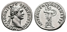 Domitian, AD 81-96. AR Denarius (19.5 mm, 3.40 g.). Rome mint, AD 88. IMP CAES DOMIT AVG GERM P M TR P VII, laureate head of Domitian to right. Rev. I...