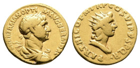 Trajan, AD 98 – 117. Gold Aureus (18.5 mm, 6.24 g.). Rome mint, AD 116-117. IMP CAES NER TRAIAN OPTIM AVG GERM DAC, laureate, draped and cuirassed bus...