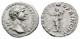 Trajan, AD 98 – 117. AR Denarius (19.1 mm, 3.28 g.). Rome mint, AD 113-114. IMP TRAIANO AVG GER DAC PM TR P COS VI P P, laureate bust of Trajan to rig...