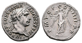 Trajan, AD 98 – 117. AR Denarius (18.7 mm, 3.17 g.). Rome mint, AD 102. IMP CAES NERVA TRAIAN AVG GERM, laureate bust of Trajan to right, slight drape...