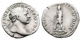 Trajan, AD 98 – 117. AR Denarius (18.8 mm, 3.06 g.). Rome mint, AD 110. IMP TRAIANO AVG GER DAC P M TR P, laureate bust right, slight drapery on far s...