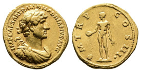 Hadrian, AD 117 – 138. Gold Aureus (19.3 mm, 7.20 g.). Rome mint, AD 119-120. IMP CAESAR TRAIAN HADRIANVS AVG, laureate, draped and cuirassed bust of ...