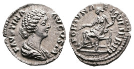 Faustina Junior, Augusta, 147-175. AR Denarius (18 mm, 2.65 g.). Rome mint, circa AD 170-176. FAVSTINA AVGVSTA, draped bust of Faustina Junior to righ...